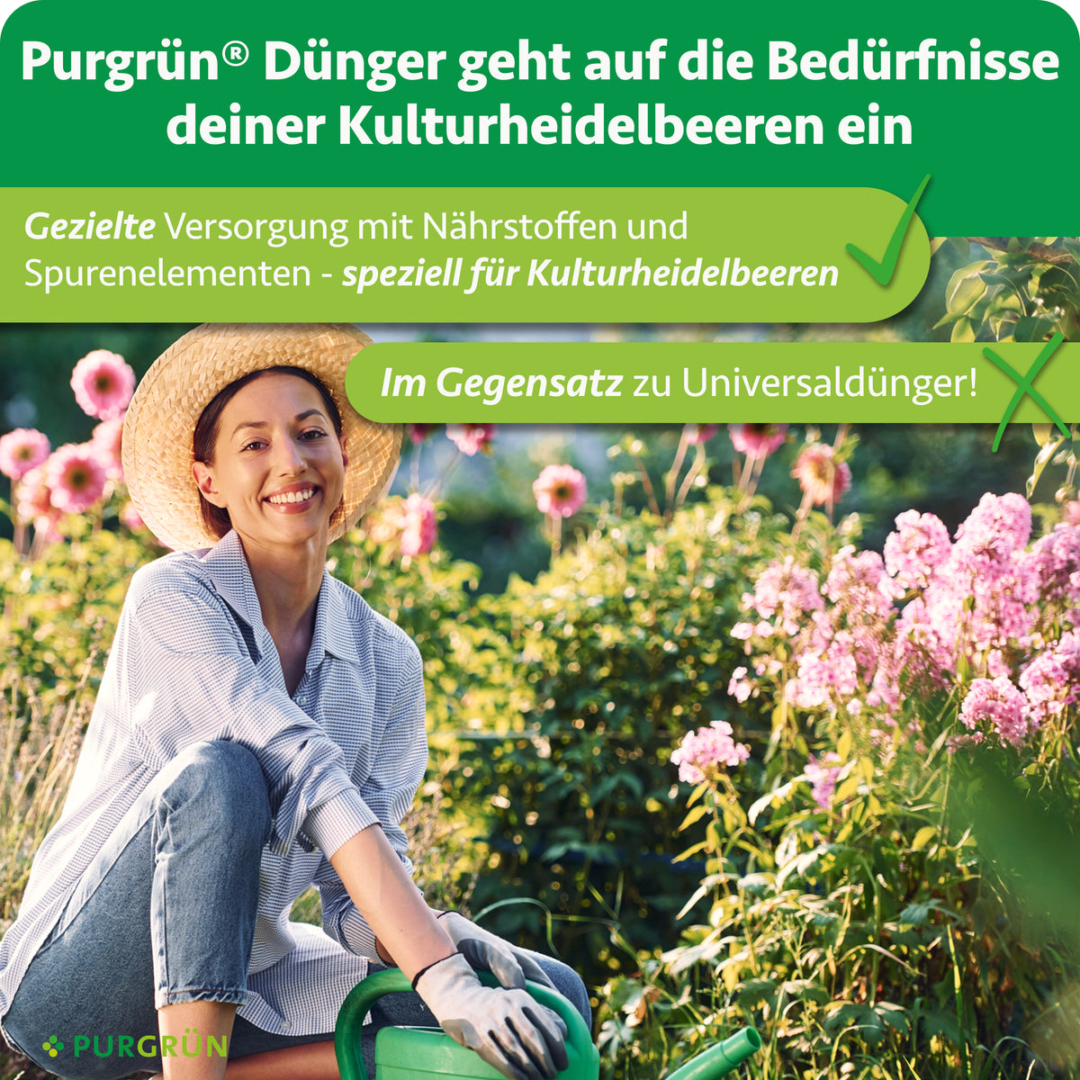 Speziell auf Kulturheidelbeeren abgestimmte Versorgung mit Nährstoffen und Spurenelementen statt Universaldünger; darunter eine Gärtnerin im blühenden Garten.