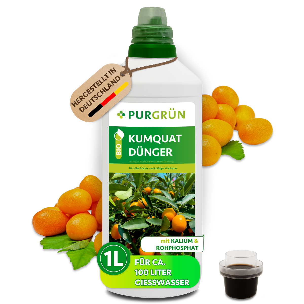 Purgrün Bio-Kumquat-Dünger in der 1-Liter-Flasche mit Dosierkappe; das Konzentrat reicht für ca. 100 Liter Gießwasser.