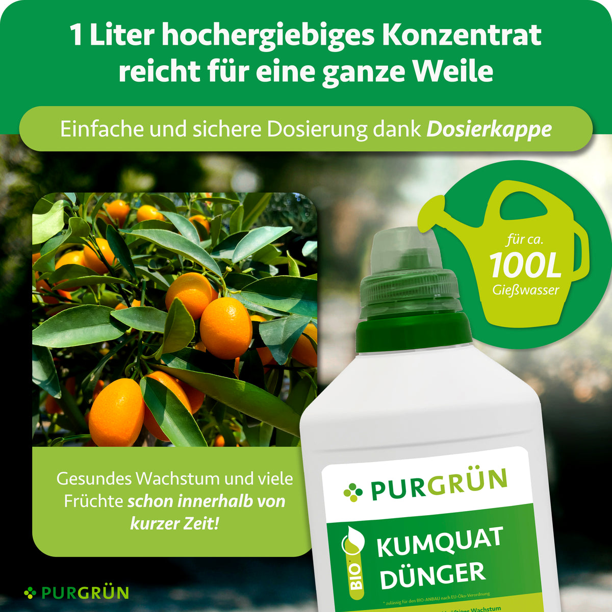 Ein Liter hochergiebiges Konzentrat mit Dosierkappe reicht für ca. 100 Liter Gießwasser.