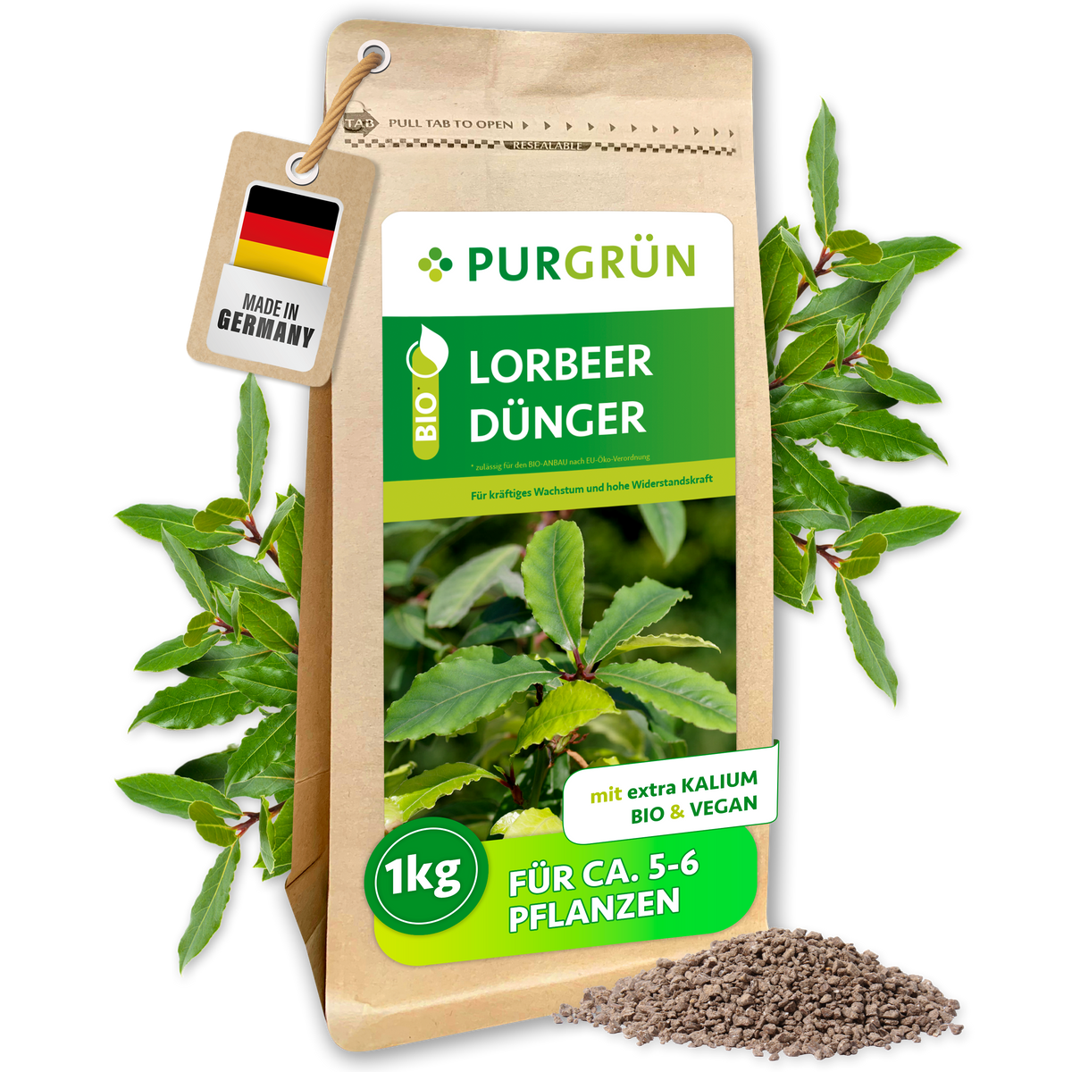 Bio-Lorbeer-Dünger im 1-kg-Standbeutel, mit Lorbeerblättern und feinem Granulat; ausreichend für ca. 5–6 Pflanzen.