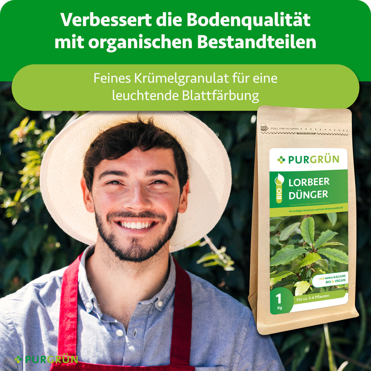 Organische Bestandteile verbessern die Bodenqualität; feines Krümelgranulat unterstützt eine leuchtende Blattfärbung.