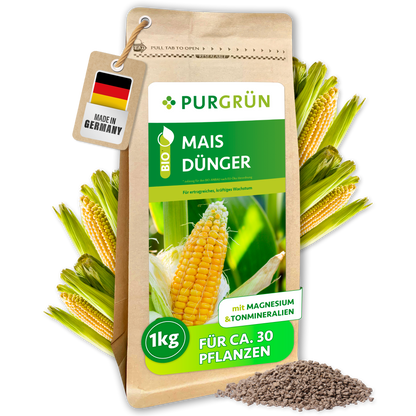 Purgrün Bio-Mais-Dünger im 1-kg-Beutel für ca. 30 Pflanzen, mit Magnesium und Tonmineralien.