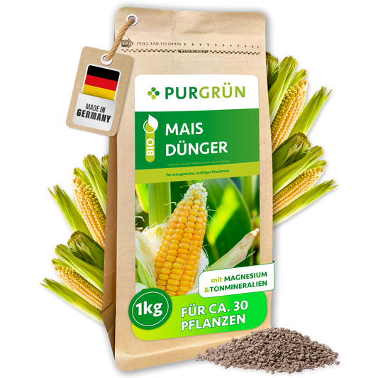Purgrün Bio-Mais-Dünger im 1-kg-Beutel für ca. 30 Pflanzen, mit Magnesium und Tonmineralien.