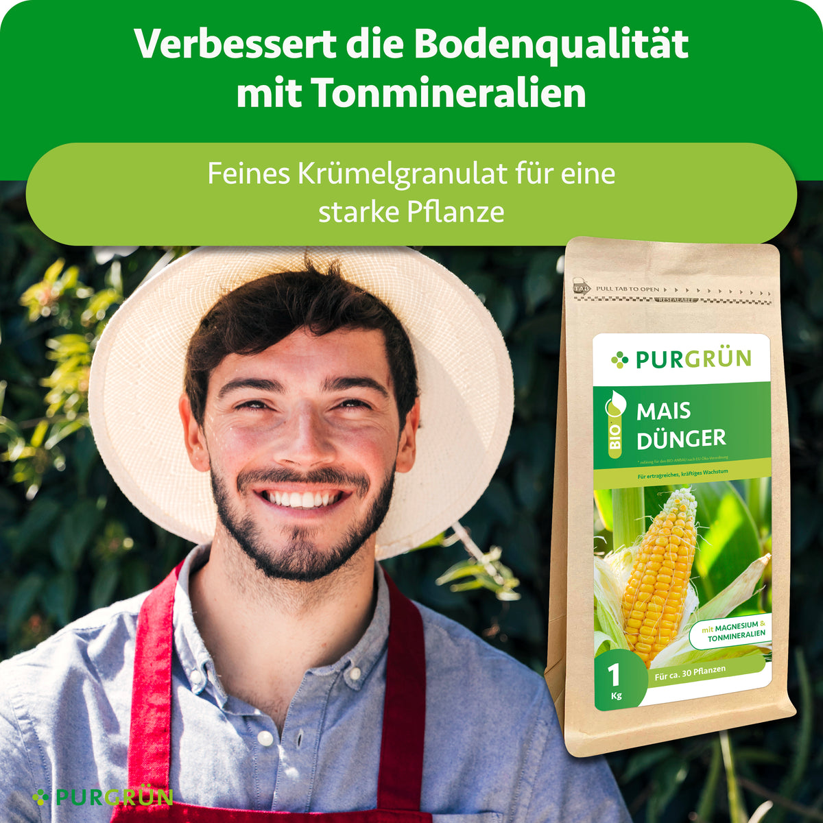 Tonmineralien verbessern die Bodenqualität; feines Krümelgranulat unterstützt eine starke Maispflanze.