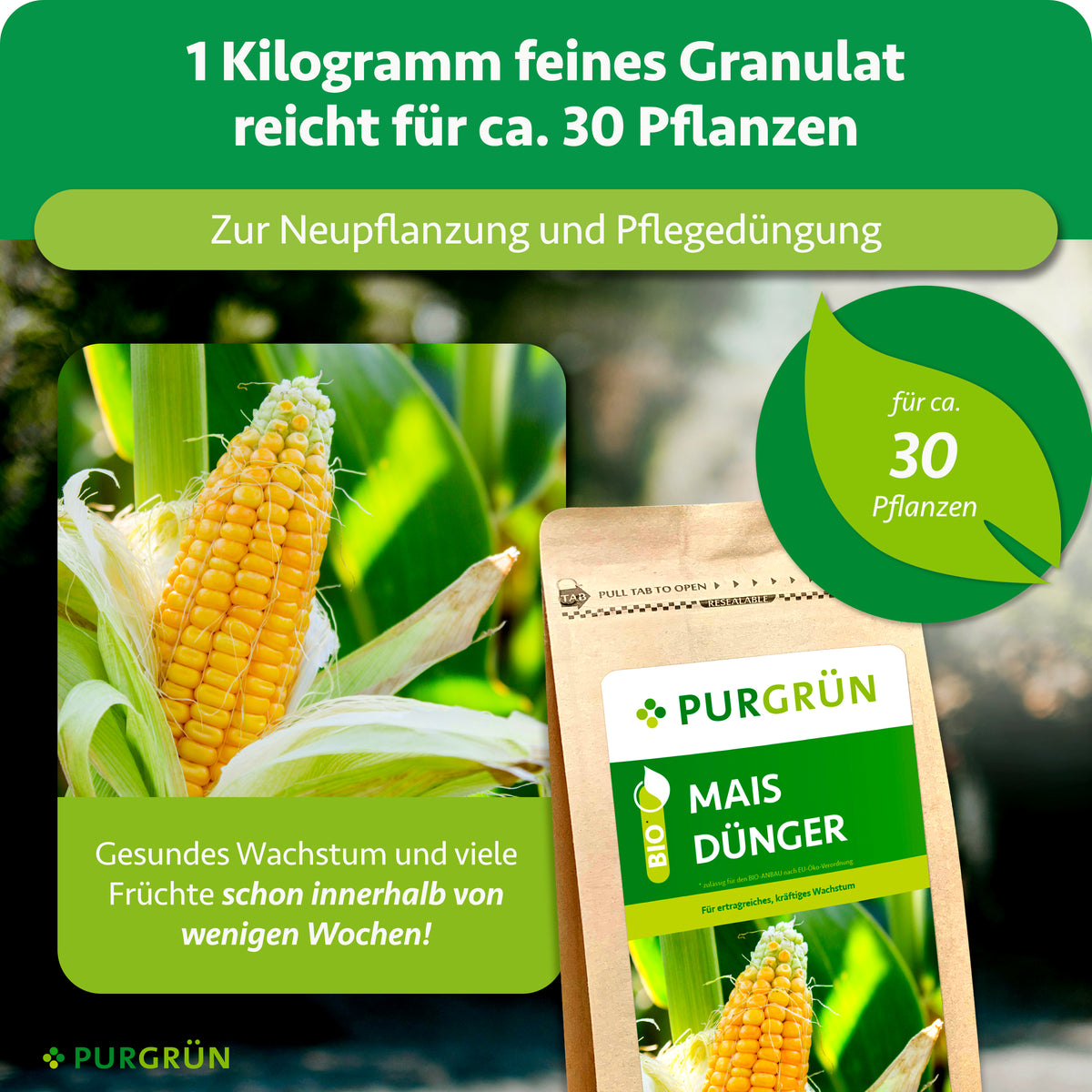 1 kg feines Granulat reicht zur Neu- und Pflegedüngung für ca. 30 Pflanzen. Beworben werden gesundes Wachstum und viele Früchte innerhalb weniger Wochen.