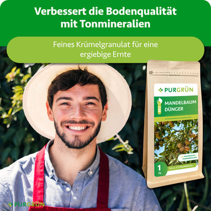 Feines Krümelgranulat mit Tonmineralien verbessert die Bodenqualität und unterstützt eine ergiebige Ernte; ein Gärtner hält den Düngerbeutel.