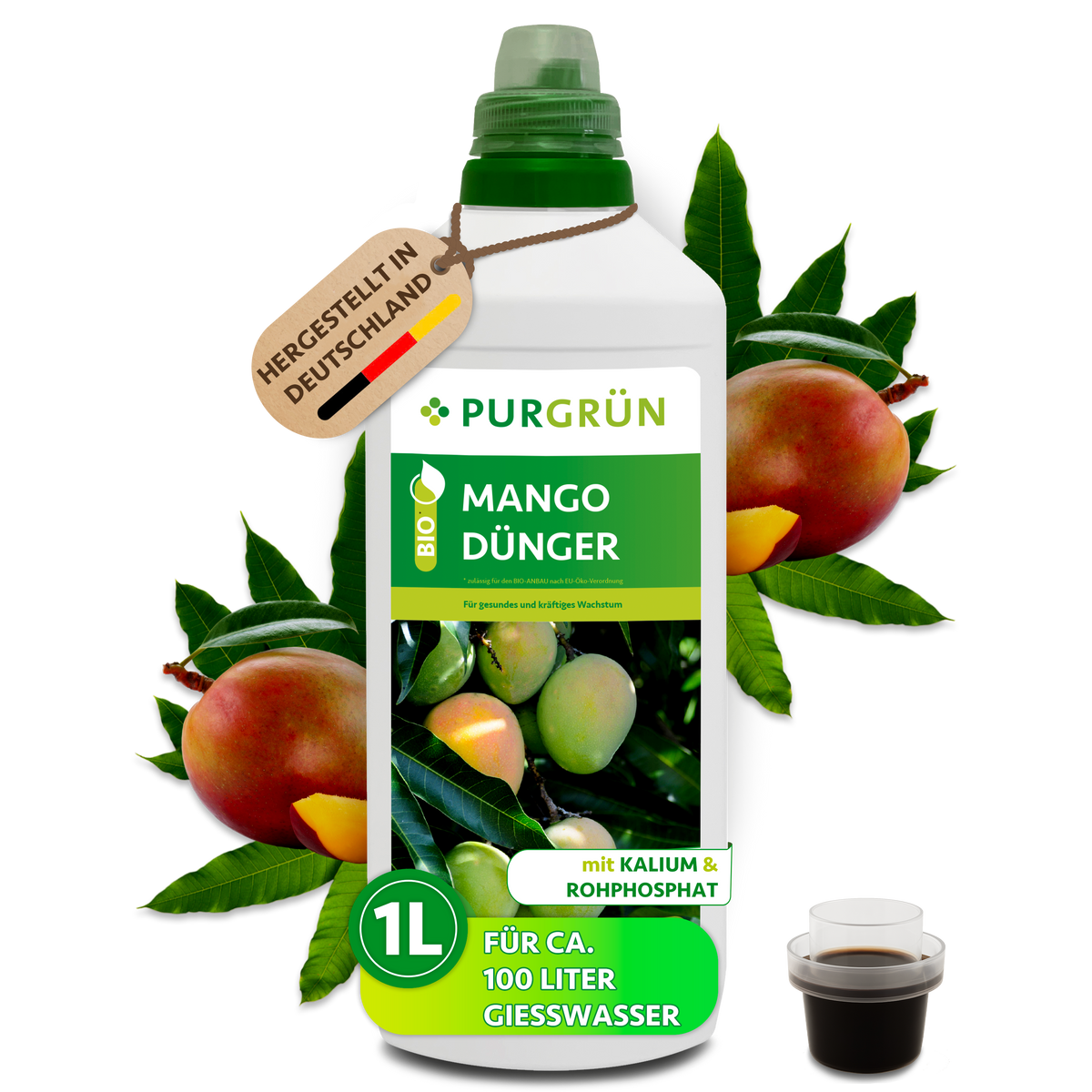 Purgrün Bio-Mango-Dünger, 1 Liter, mit Dosierkappe; Konzentrat für ca. 100 Liter Gießwasser.