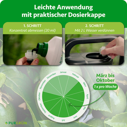 Anwendung von März bis Oktober einmal pro Woche: 20 ml Konzentrat abmessen und mit 2 Litern Wasser verdünnen.