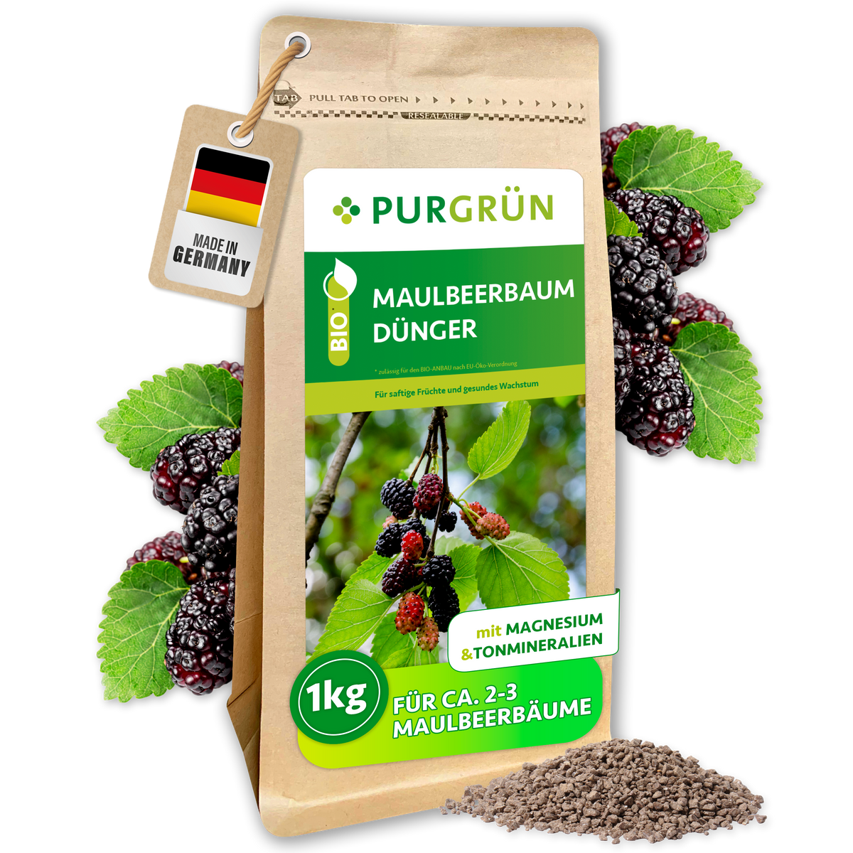 Purgrün Bio-Maulbeerbaum-Dünger im 1-kg-Standbeutel, mit Magnesium und Tonmineralien; ausreichend für ca. 2–3 Maulbeerbäume.