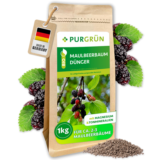 Purgrün Bio-Maulbeerbaum-Dünger im 1-kg-Standbeutel, mit Magnesium und Tonmineralien; ausreichend für ca. 2–3 Maulbeerbäume.