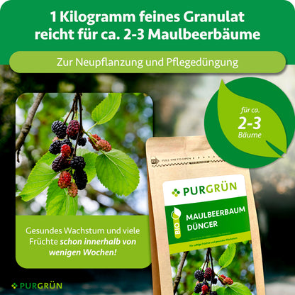 1 kg feines Granulat reicht für ca. 2–3 Maulbeerbäume und eignet sich zur Neupflanzung sowie Pflegedüngung.