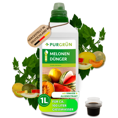 Purgrün Bio-Melonen-Dünger in der 1-Liter-Flasche mit Dosierkappe, ausreichend für ca. 100 Liter Gießwasser.