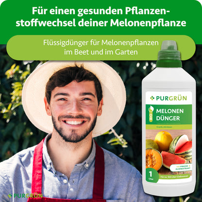 Gärtner neben einer Flasche Purgrün Bio-Melonen-Dünger; Flüssigdünger für Melonenpflanzen im Beet und Garten.