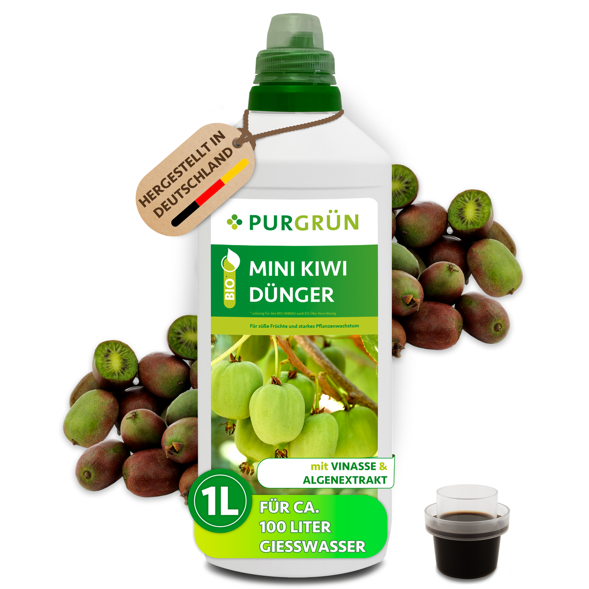 1-Liter-Flasche Purgrün Bio-Mini-Kiwi-Dünger mit Dosierkappe und Mini-Kiwis; ausreichend für ca. 100 Liter Gießwasser.