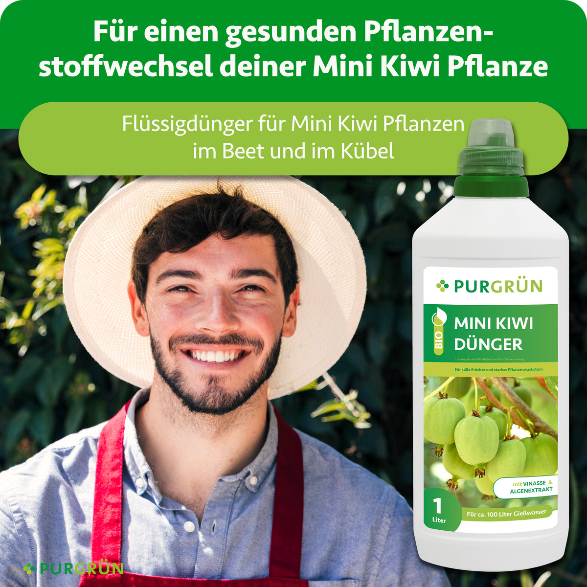 Flüssigdünger für Mini-Kiwi-Pflanzen im Beet und Kübel, dargestellt mit einem Gärtner und der 1-Liter-Flasche.