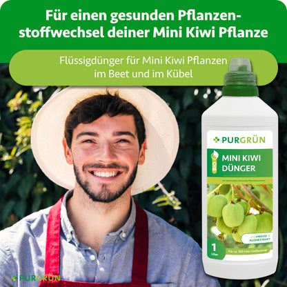 Flüssigdünger für Mini-Kiwi-Pflanzen im Beet und Kübel, dargestellt mit einem Gärtner und der 1-Liter-Flasche.