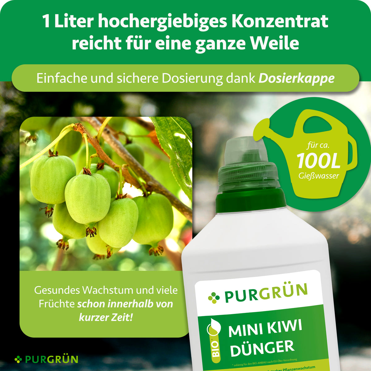 1 Liter hochergiebiges Konzentrat mit Dosierkappe reicht für ca. 100 Liter Gießwasser.