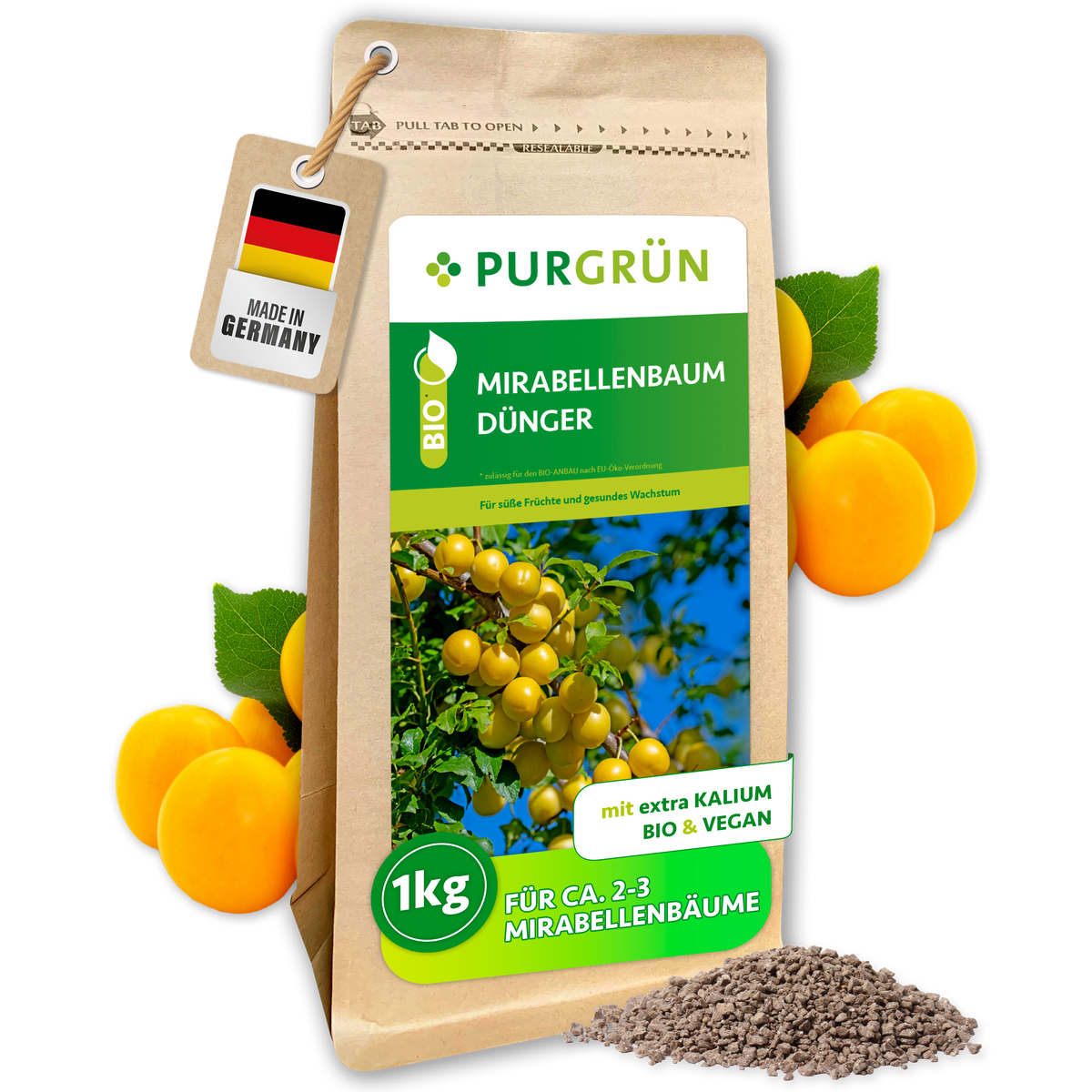 Purgrün Bio-Mirabellenbaum-Dünger, 1 kg, im wiederverschließbaren Beutel mit Mirabellen und sichtbarem Krümelgranulat.