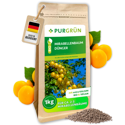 Purgrün Bio-Mirabellenbaum-Dünger, 1 kg, im wiederverschließbaren Beutel mit Mirabellen und sichtbarem Krümelgranulat.