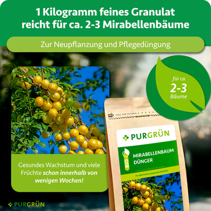 1 kg feines Granulat reicht für ca. 2–3 Mirabellenbäume und eignet sich zur Neupflanzung und Pflegedüngung.
