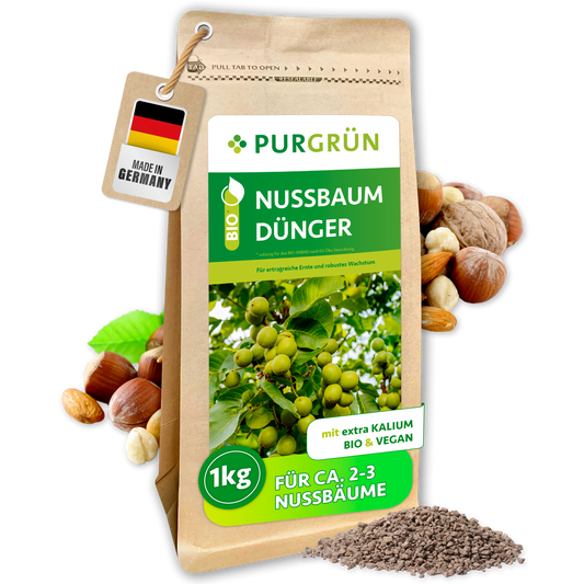 Purgrün Bio-Nussbaum-Dünger, 1 kg, im wiederverschließbaren Standbeutel neben Nüssen und feinem Granulat.