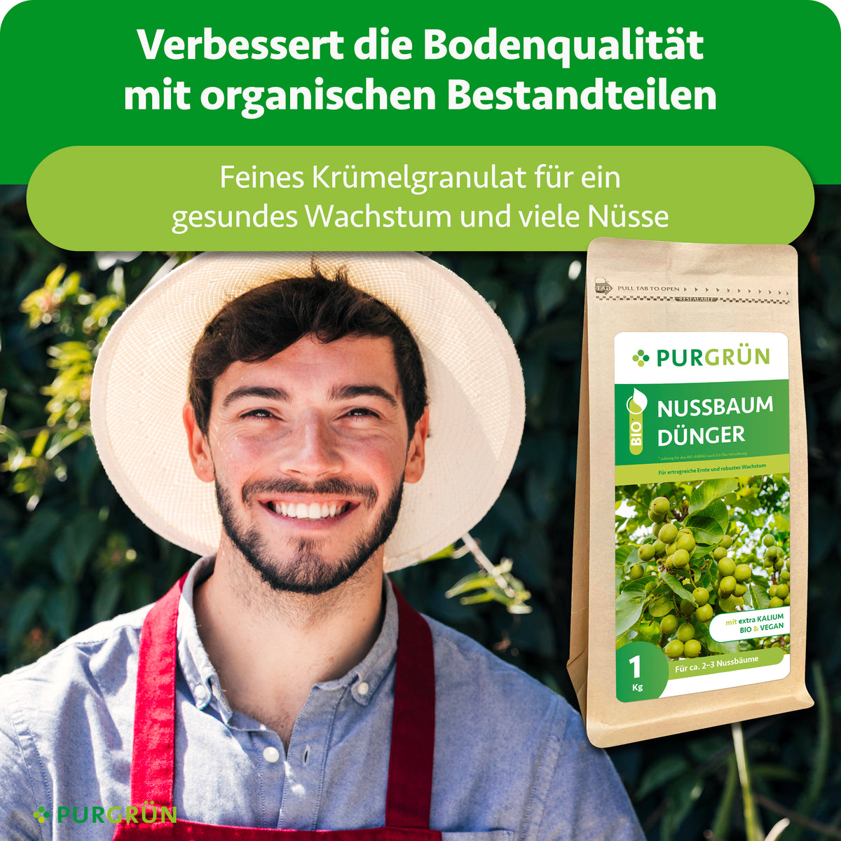 Organische Bestandteile verbessern laut Infografik die Bodenqualität; feines Krümelgranulat unterstützt gesundes Wachstum und viele Nüsse.