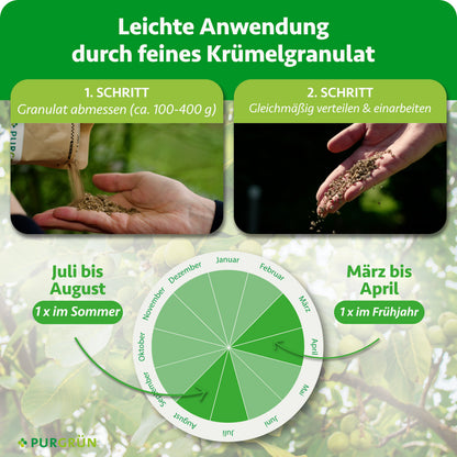 Ca. 100–400 g Granulat abmessen, gleichmäßig verteilen und einarbeiten. Je einmal von März bis April und von Juli bis August düngen.
