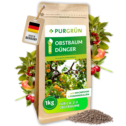 Purgrün Bio-Obstbaum-Dünger, 1 kg, im wiederverschließbaren Papierbeutel mit sichtbarem Krümelgranulat und Obstzweigen.