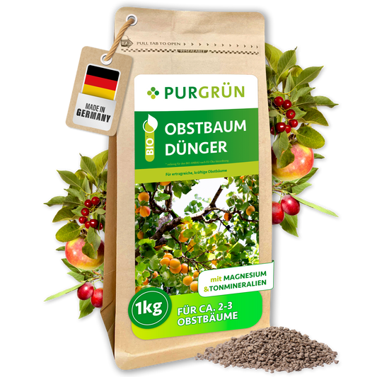 Purgrün Bio-Obstbaum-Dünger, 1 kg, im wiederverschließbaren Papierbeutel mit sichtbarem Krümelgranulat und Obstzweigen.