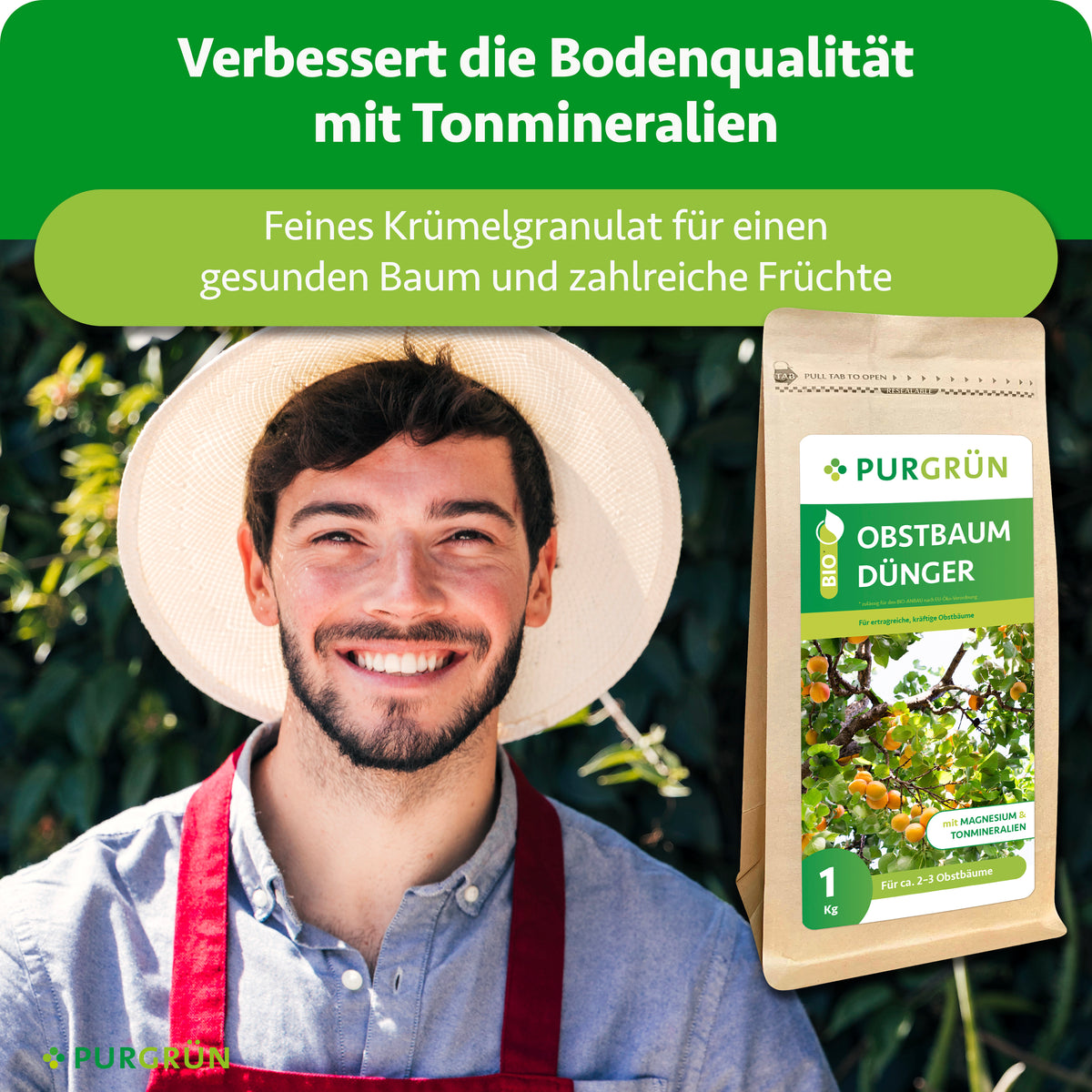 Tonmineralien verbessern die Bodenqualität; feines Krümelgranulat ist für einen gesunden Baum und zahlreiche Früchte bestimmt.