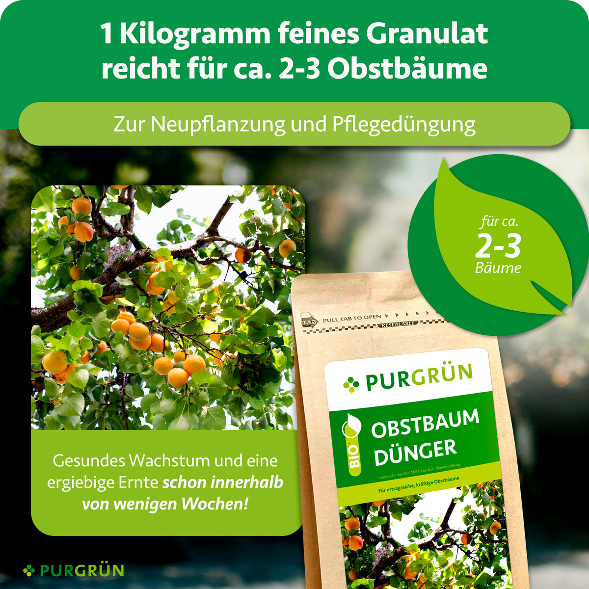 1 Kilogramm feines Granulat reicht für ca. 2–3 Obstbäume und dient zur Neupflanzung und Pflegedüngung.