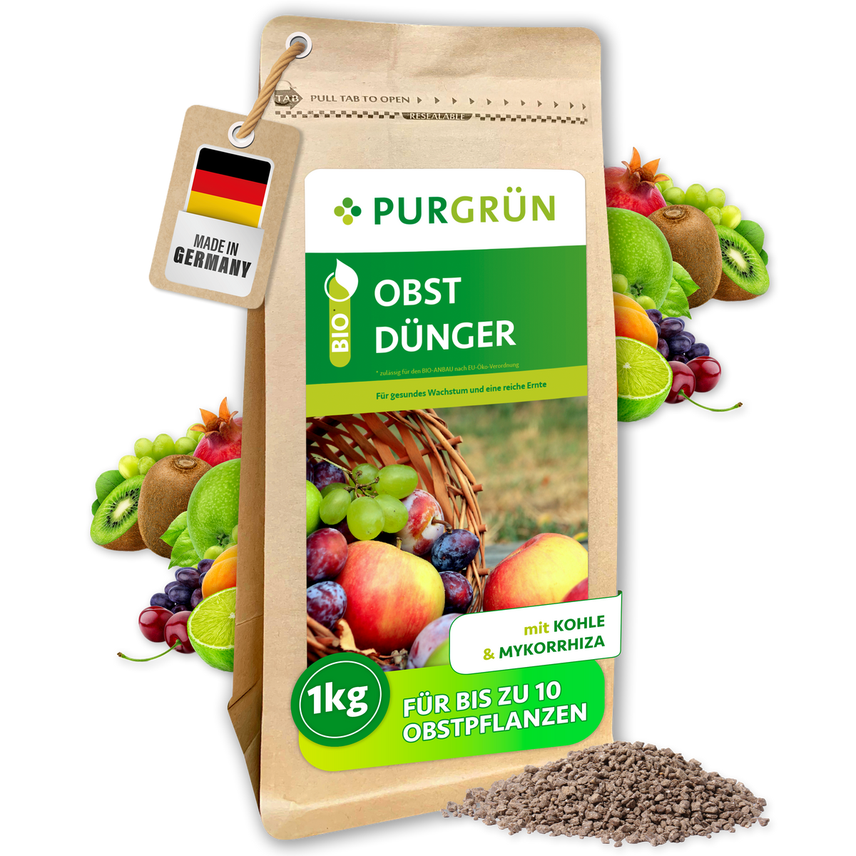 Purgrün Bio-Obstdünger im 1-kg-Beutel mit Kohle und Mykorrhiza, für bis zu 10 Obstpflanzen.