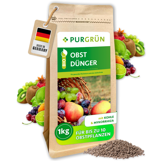 Purgrün Bio-Obstdünger im 1-kg-Beutel mit Kohle und Mykorrhiza, für bis zu 10 Obstpflanzen.