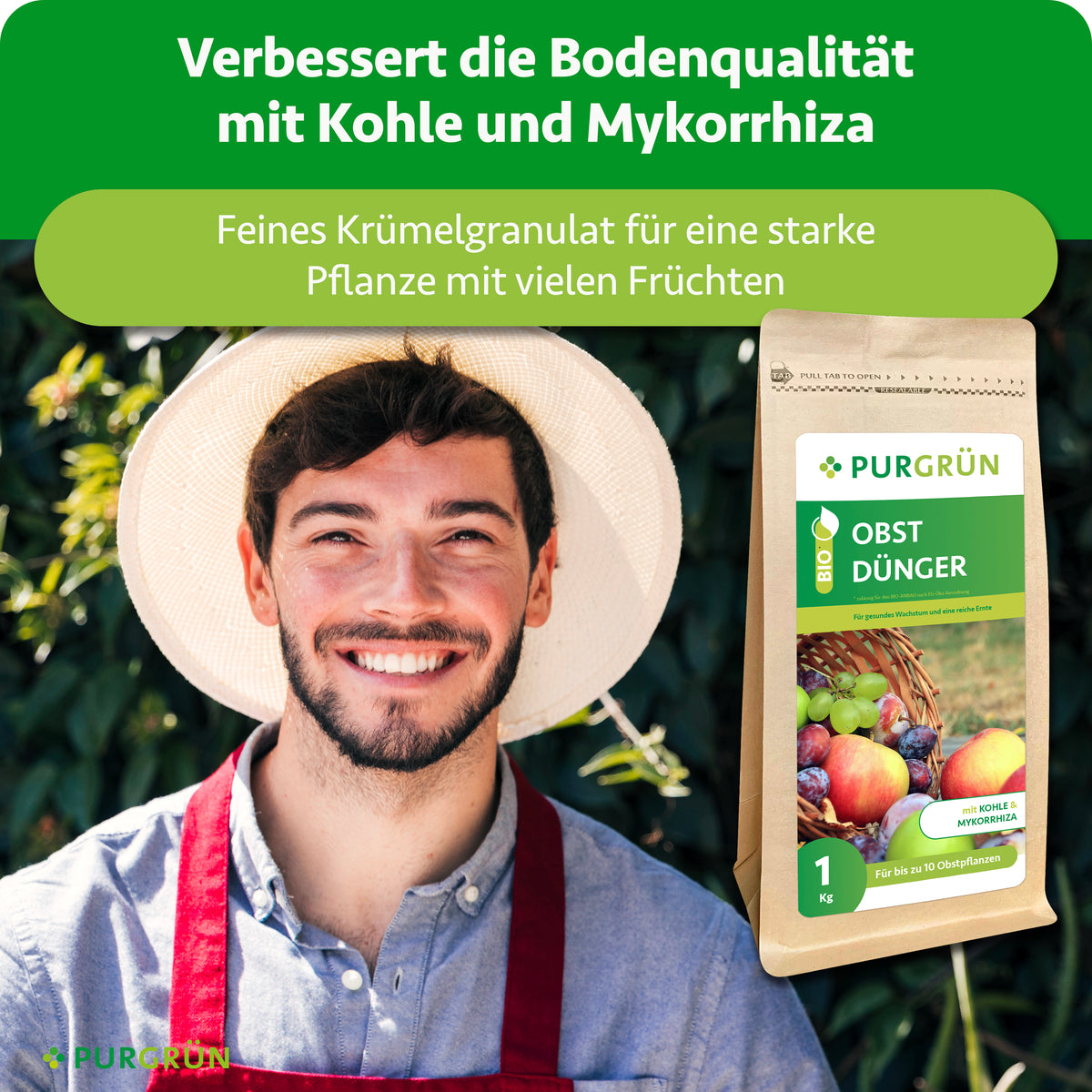Bio-Obstdünger mit feinem Krümelgranulat; Kohle und Mykorrhiza verbessern laut Darstellung die Bodenqualität.