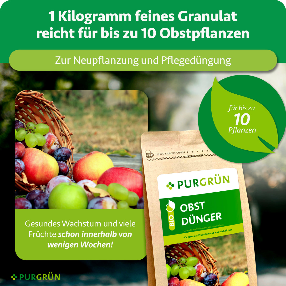 Ein Kilogramm feines Granulat reicht zur Neupflanzung und Pflegedüngung von bis zu 10 Obstpflanzen.
