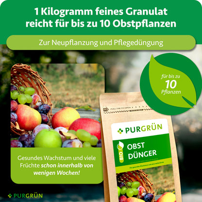 Ein Kilogramm feines Granulat reicht zur Neupflanzung und Pflegedüngung von bis zu 10 Obstpflanzen.