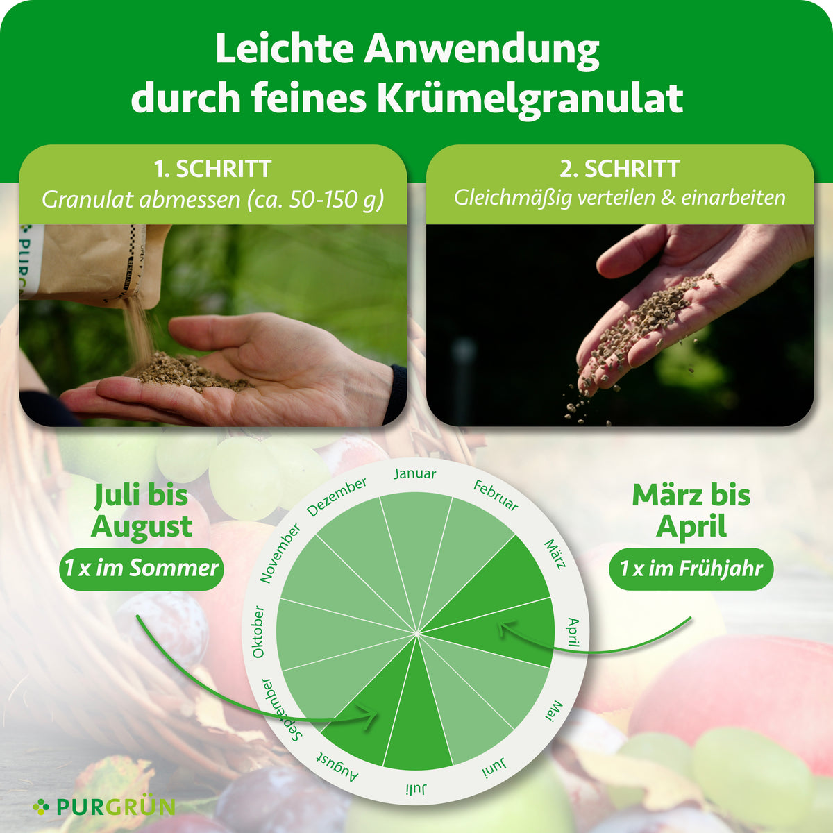 Anwendung: 50–150 g Granulat abmessen, gleichmäßig verteilen und einarbeiten. Je einmal von März bis April und von Juli bis August düngen.