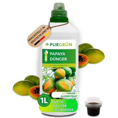 Bio-Papaya-Dünger im 1-Liter-Gebinde mit Dosierkappe, hergestellt in Deutschland und ausreichend für ca. 100 Liter Gießwasser.