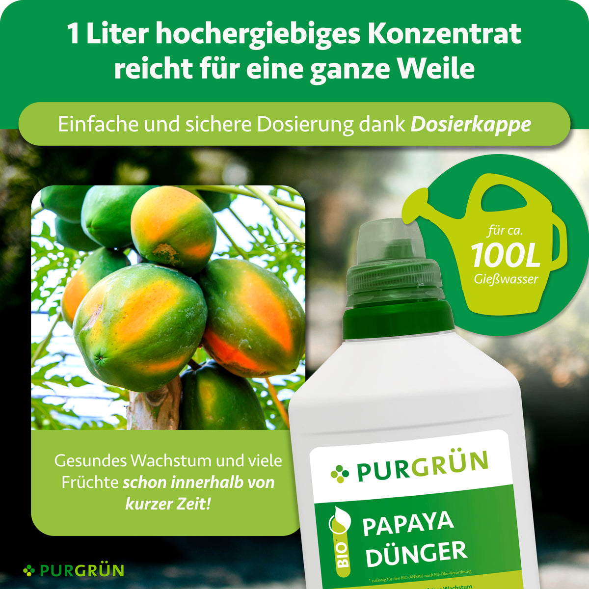 1 Liter hochergiebiges Papaya-Dünger-Konzentrat mit Dosierkappe reicht für ca. 100 Liter Gießwasser.
