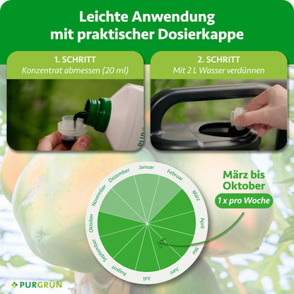 Anwendung: 20 ml Konzentrat abmessen, mit 2 Litern Wasser verdünnen und von März bis Oktober einmal pro Woche anwenden.