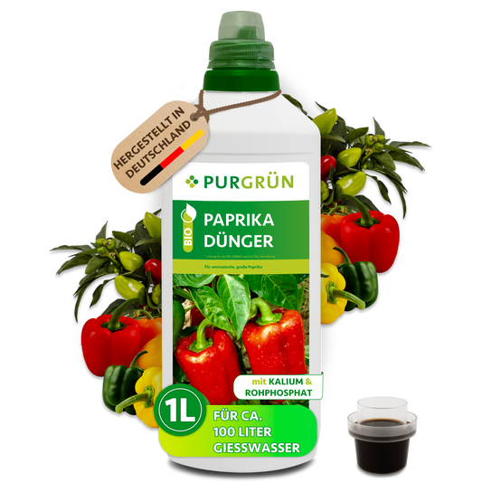 Purgrün Bio-Paprika-Dünger, 1 Liter, mit Dosierkappe; laut Etikett für ca. 100 Liter Gießwasser.
