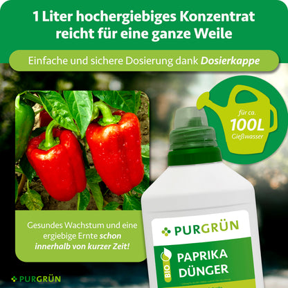 1 Liter Konzentrat reicht für ca. 100 Liter Gießwasser; die Dosierkappe ermöglicht eine einfache und sichere Dosierung.