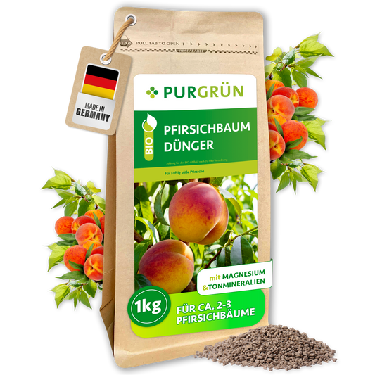 Purgrün Bio-Pfirsichbaum-Dünger, 1 kg, im braunen Standbodenbeutel mit Pfirsichmotiv und sichtbarem Granulat.