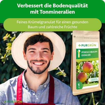 Tonmineralien sollen die Bodenqualität verbessern; feines Krümelgranulat unterstützt einen gesunden Baum und zahlreiche Früchte.