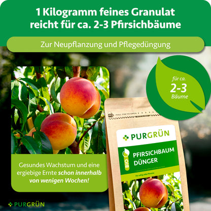 1 kg feines Granulat reicht für ca. 2–3 Pfirsichbäume und eignet sich zur Neupflanzung sowie Pflegedüngung.
