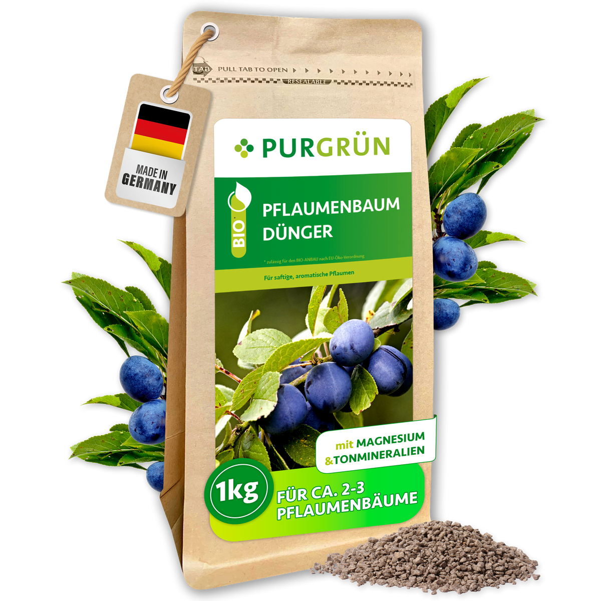 Purgrün Bio-Pflaumenbaum-Dünger im 1-kg-Beutel mit Pflaumenmotiv und sichtbarem Granulat; laut Etikett für ca. 2–3 Pflaumenbäume.