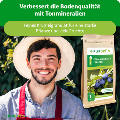 Lächelnder Gärtner neben dem Düngerbeutel. Tonmineralien sollen die Bodenqualität verbessern, feines Krümelgranulat eine starke Pflanze und viele Früchte fördern.
