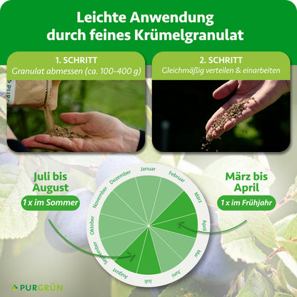 Anwendung: ca. 100–400 g Granulat abmessen, gleichmäßig verteilen und einarbeiten. Je einmal im Frühjahr von März bis April und im Sommer von Juli bis August düngen.