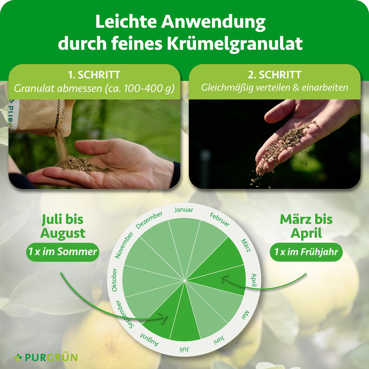 Anwendung: ca. 100–400 g Granulat abmessen, gleichmäßig verteilen und einarbeiten. Je einmal von März bis April und von Juli bis August düngen.