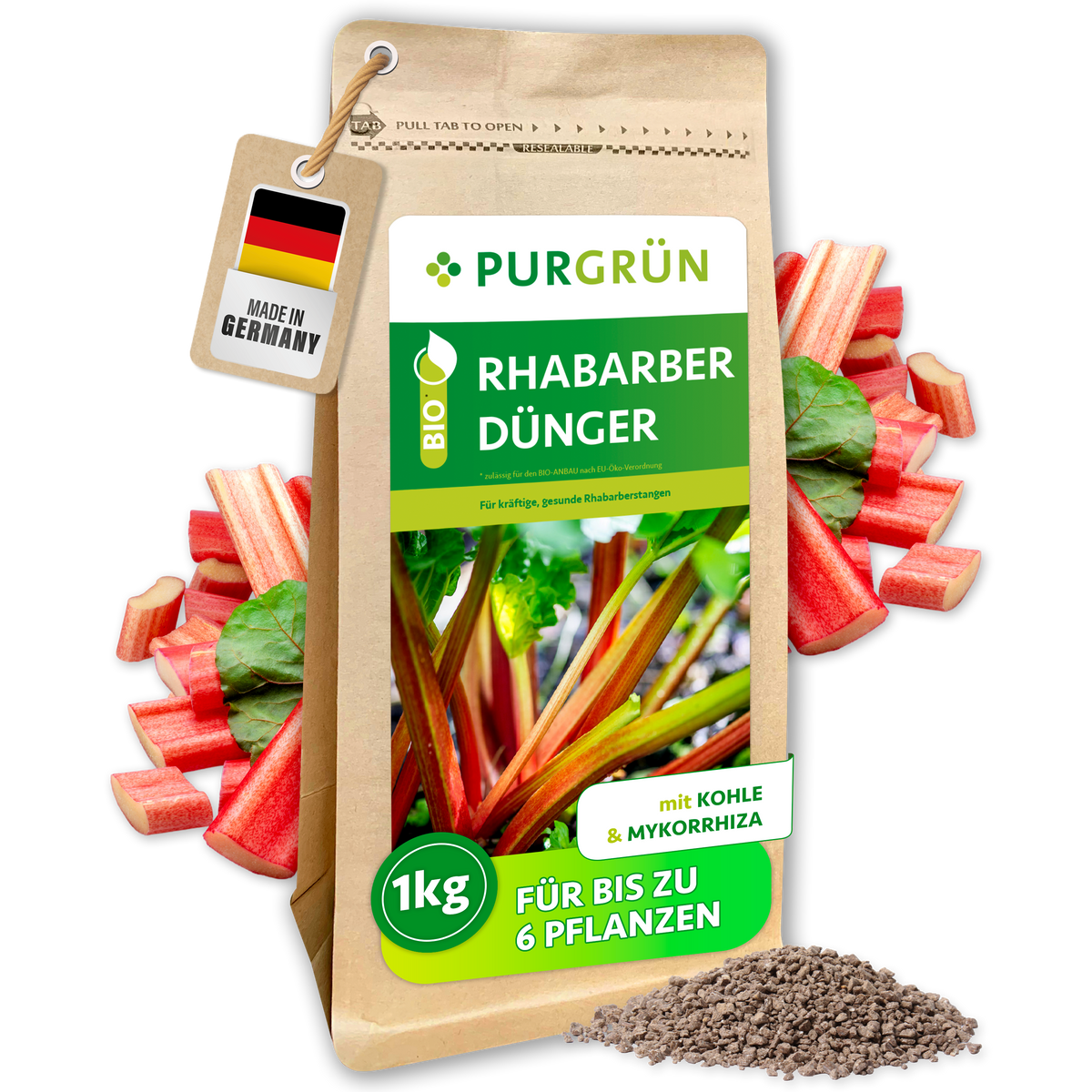 Purgrün Bio-Rhabarber-Dünger im 1-kg-Beutel mit Kohle und Mykorrhiza, ausreichend für bis zu 6 Pflanzen.